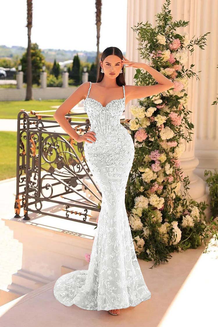 Spaghetti Strap Mermaid Long Prom Dress with Beading and Appliques