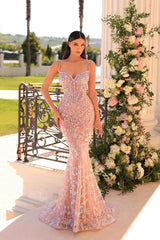 Spaghetti Strap Mermaid Long Prom Dress with Beading and Appliques