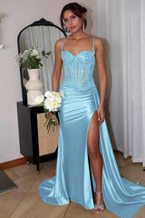 Spaghetti Strap Mermaid Long Prom Dress with Split Appliques