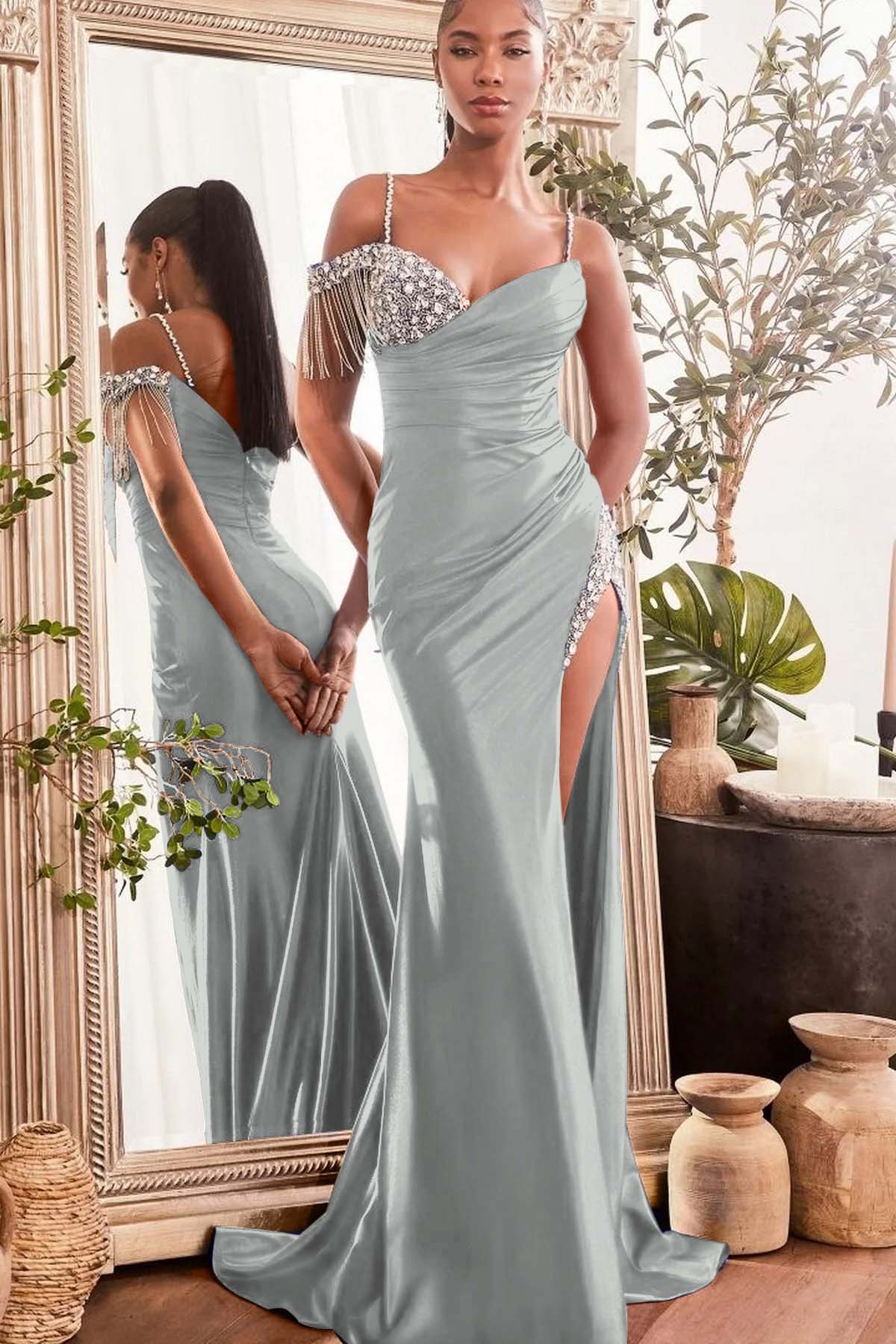 Spaghetti Strap Mermaid Long Prom Dress with Beading and Split