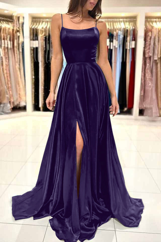 Simple Green A-Line Spaghetti Strap Long Prom Dress with Split