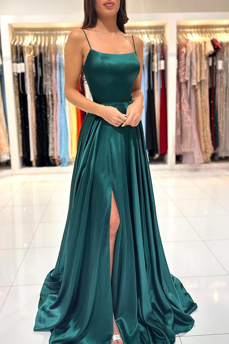 Simple Green A-Line Spaghetti Strap Long Prom Dress with Split