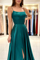 Simple Green A-Line Spaghetti Strap Long Prom Dress with Split