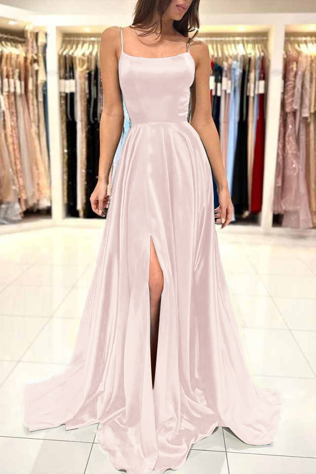 Simple Green A-Line Spaghetti Strap Long Prom Dress with Split