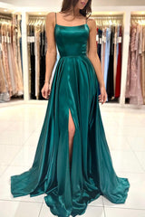 Simple Green A-Line Spaghetti Strap Long Prom Dress with Split