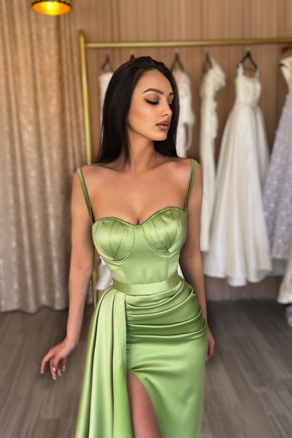 Sage Sweetheart Spaghetti Strap Mermaid Long Prom Dress with Split