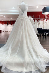Spaghetti Strap V-Neck A-Line Backless Wedding Dress with Tulle Lace