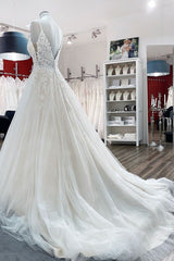 Spaghetti Strap V-Neck A-Line Backless Wedding Dress with Tulle Lace