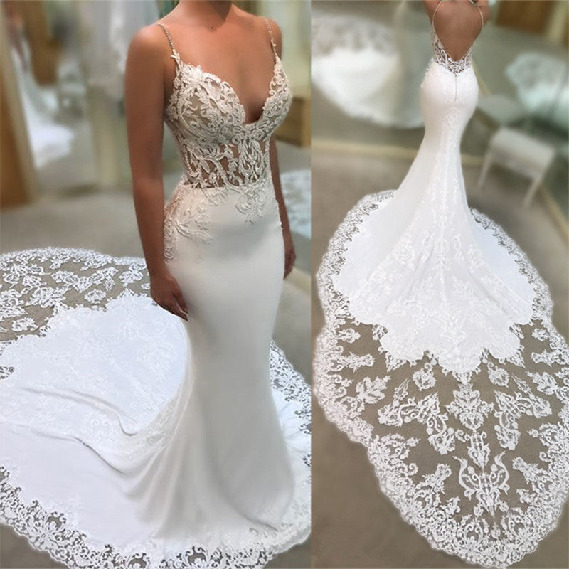 Spaghetti Strap V-Neck Applique Mermaid Wedding Dress