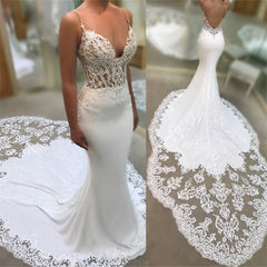 Spaghetti Strap V-Neck Applique Mermaid Wedding Dress