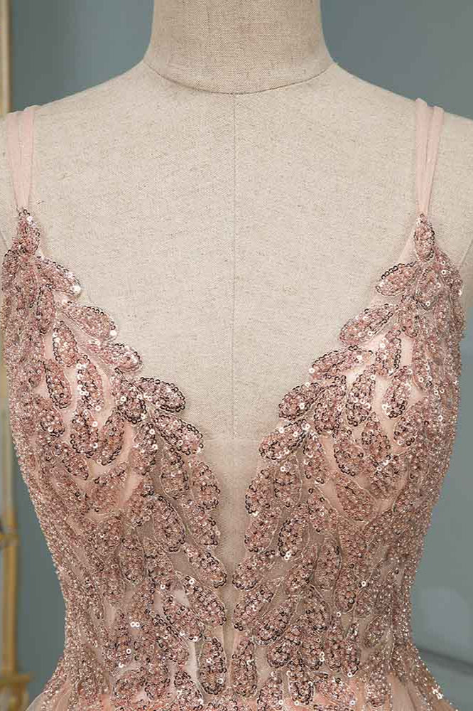 Spaghetti Strap V-Neck Prom Dress with Beading and Appliques