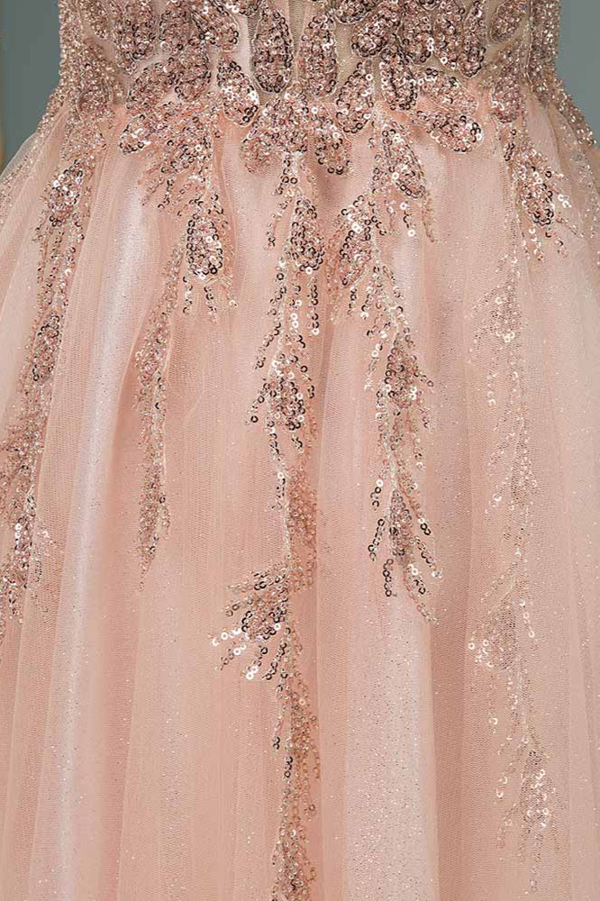 Spaghetti Strap V-Neck Prom Dress with Beading and Appliques