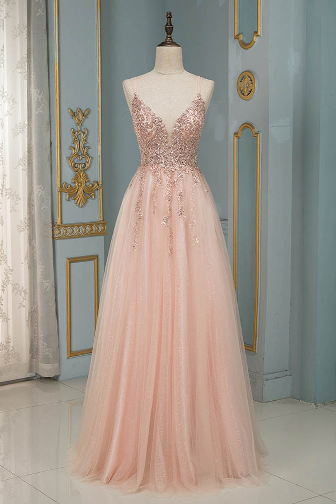 Spaghetti Strap V-Neck Prom Dress with Beading and Appliques