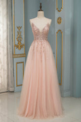 Spaghetti Strap V-Neck Prom Dress with Beading and Appliques