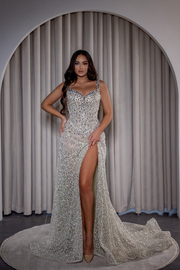 Long Spaghetti Straps Beaded Sequined Formal Evening Dresses with Split
