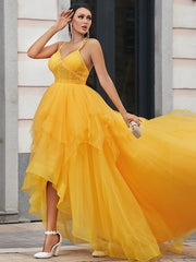 Spaghetti-Straps High-Lo Tulle Prom Dress