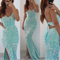Spaghetti-Straps V-Neck Long Mermaid Prom Dress with Split and Sequins