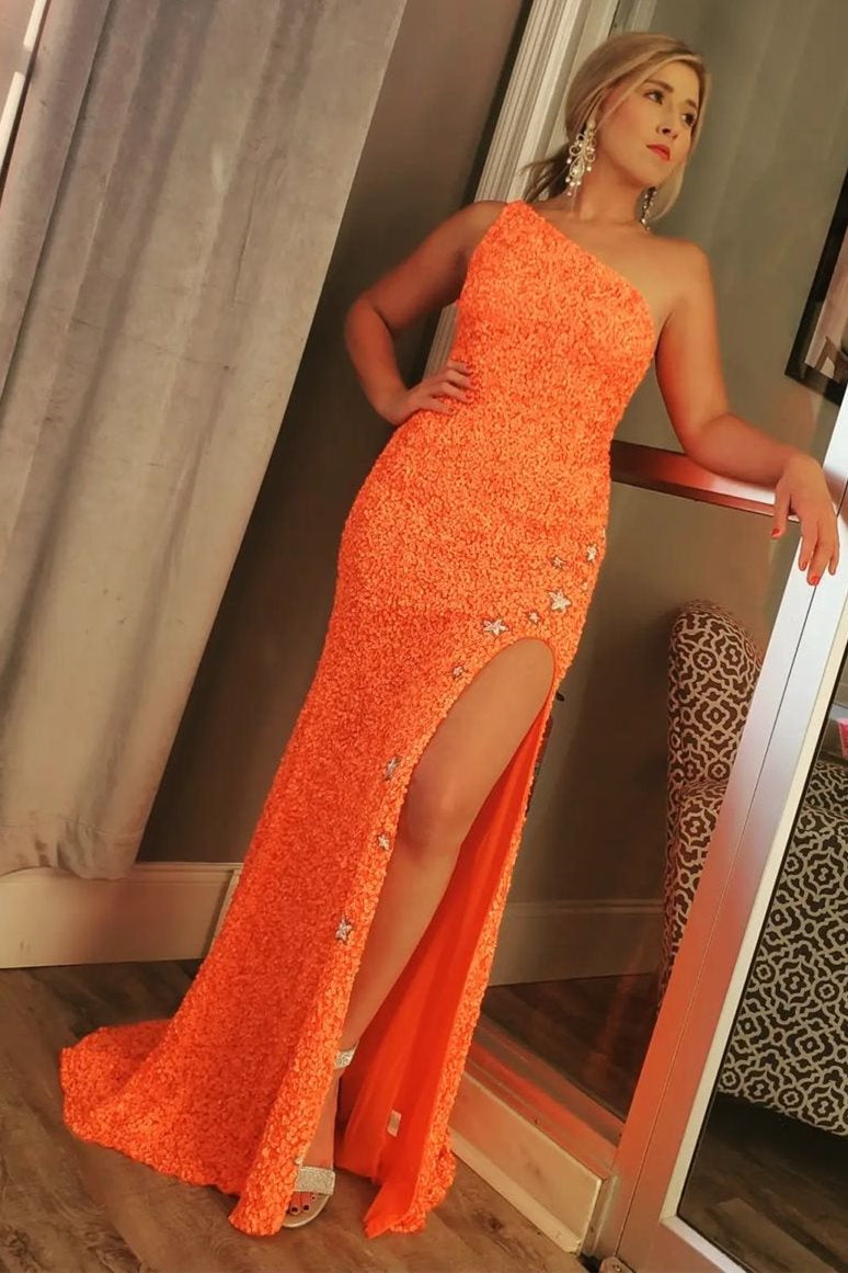 Sparkle One Shoulder Mermaid Long Prom Dress with Split and Sequins
