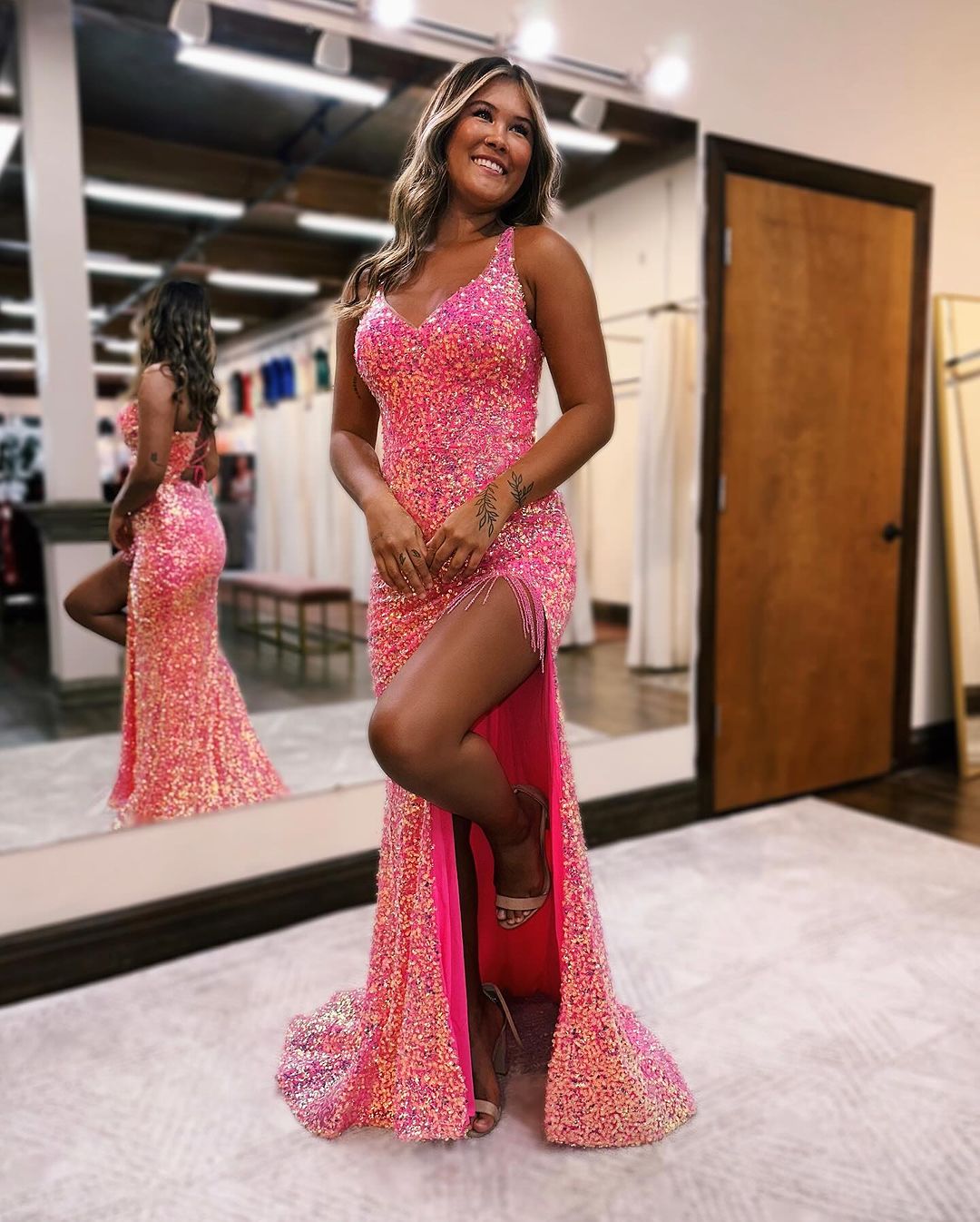 Sparkling Purple Spaghetti Strap Prom Dress with Sequins and Split