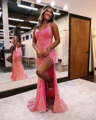 Sparkling Purple Spaghetti Strap Prom Dress with Sequins and Split