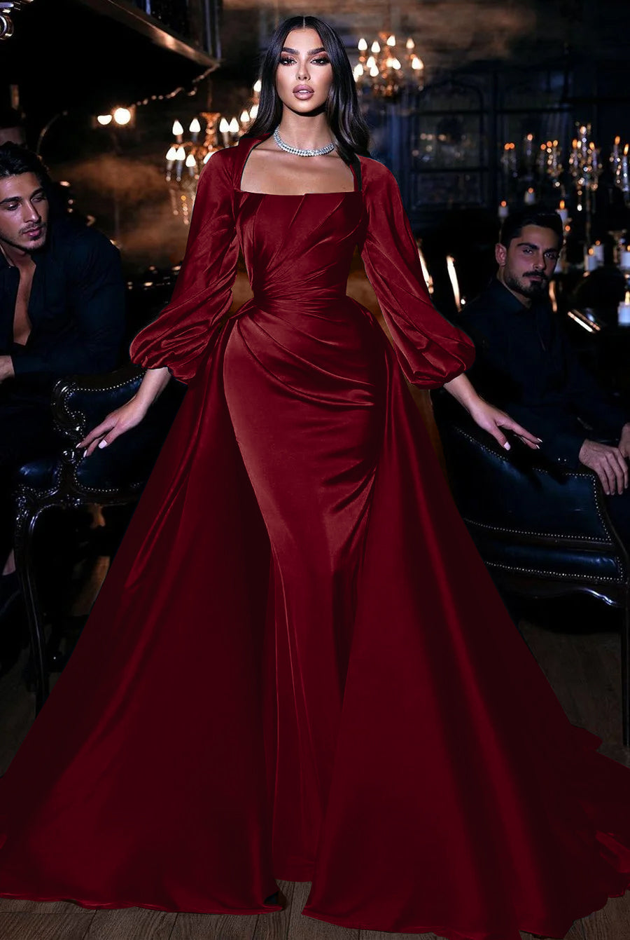 Square Neck Long Sleeve Mermaid Long Prom Dress with Ruffles