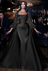 Square Neck Long Sleeve Mermaid Long Prom Dress with Ruffles