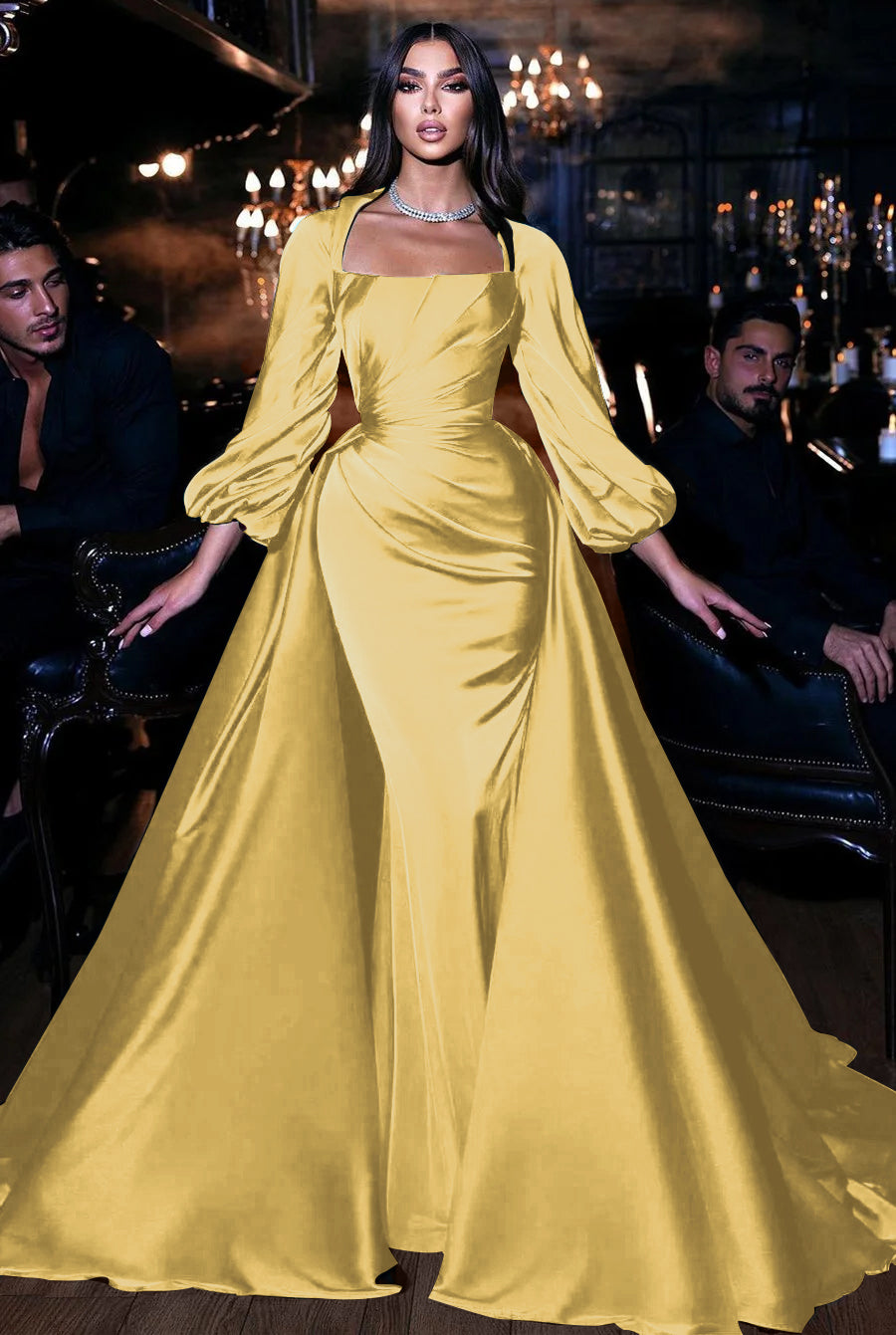 Square Neck Long Sleeve Mermaid Long Prom Dress with Ruffles