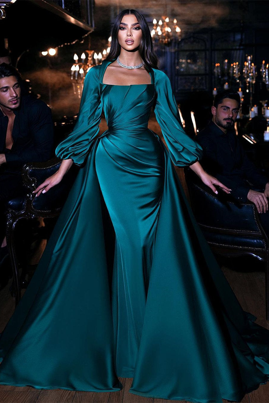 Square Neck Long Sleeve Mermaid Long Prom Dress with Ruffles