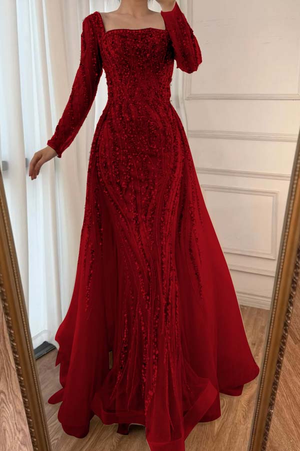 Square Neck Long Sleeve Mermaid Long Prom Dress with Beading and Tulle