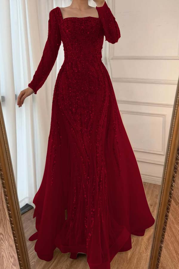 Square Neck Long Sleeve Mermaid Long Prom Dress with Beading and Tulle