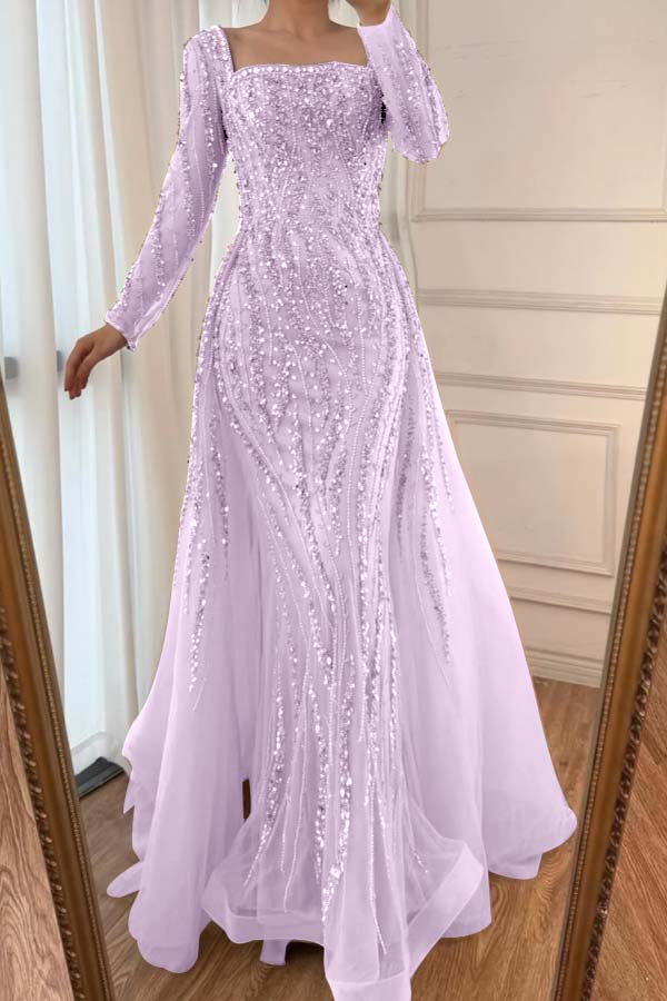 Square Neck Long Sleeve Mermaid Long Prom Dress with Beading and Tulle
