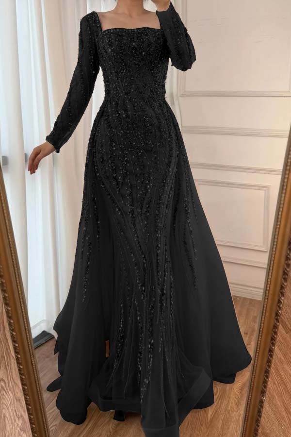 Square Neck Long Sleeve Mermaid Long Prom Dress with Beading and Tulle