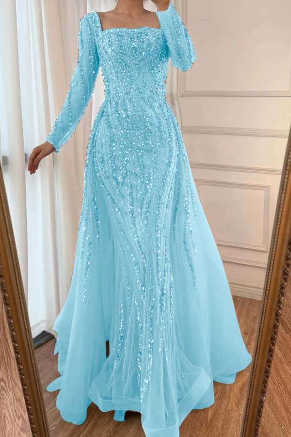 Square Neck Long Sleeve Mermaid Long Prom Dress with Beading and Tulle