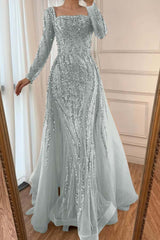 Square Neck Long Sleeve Mermaid Long Prom Dress with Beading and Tulle