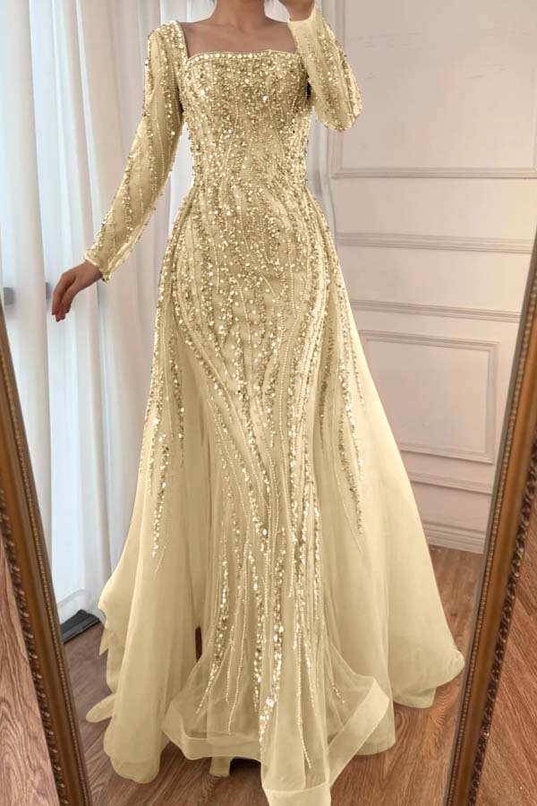 Square Neck Long Sleeve Mermaid Long Prom Dress with Beading and Tulle