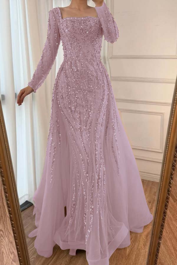 Square Neck Long Sleeve Mermaid Long Prom Dress with Beading and Tulle