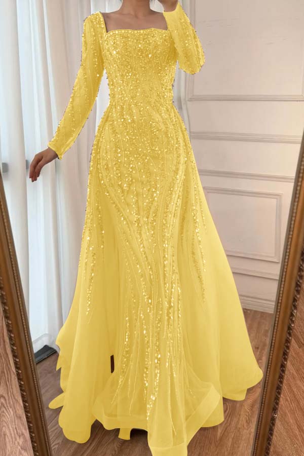 Square Neck Long Sleeve Mermaid Long Prom Dress with Beading and Tulle