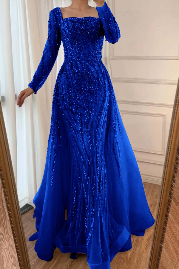 Square Neck Long Sleeve Mermaid Long Prom Dress with Beading and Tulle