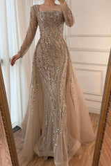 Square Neck Long Sleeve Mermaid Long Prom Dress with Beading and Tulle