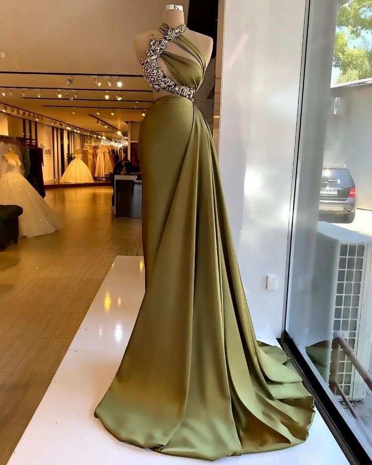 Stunning Halter Satin Long Prom Dress with Beading and Ruffles