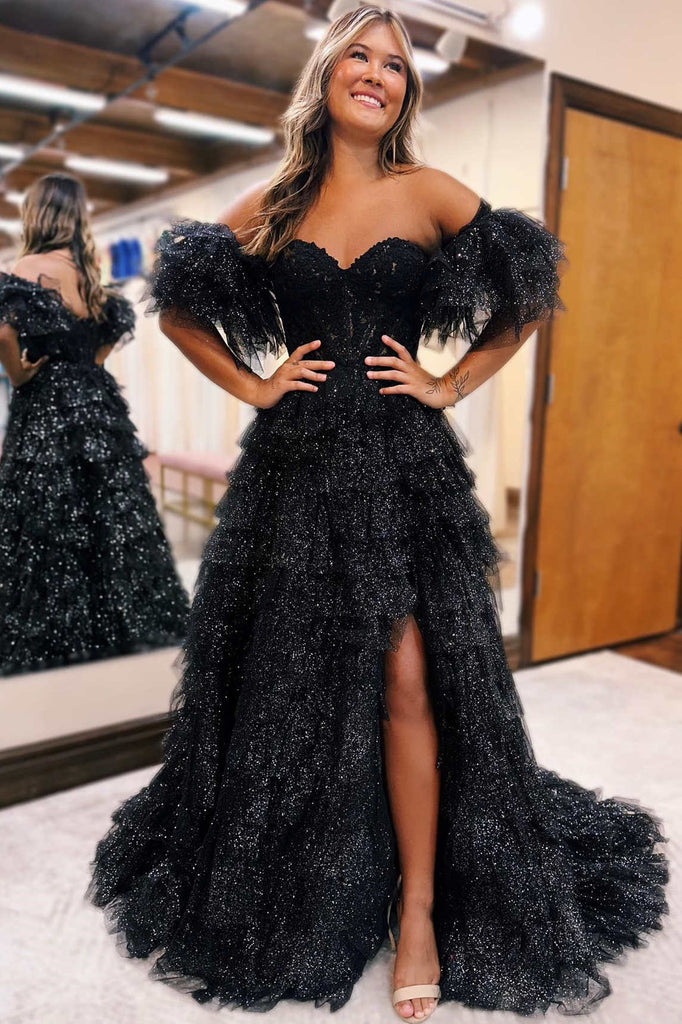 Strapless Black Corset A-Line Tiered Long Formal Dress with Slit   Babyonlines