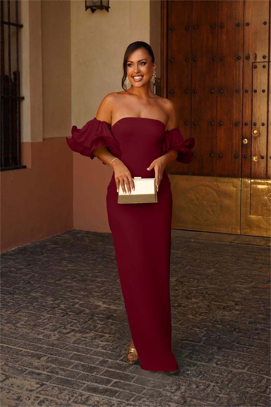Strapless Bubble Sleeve Mermaid Long Prom Dress with Pleated