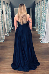 Strapless High Low Dark Navy Long Prom Dress