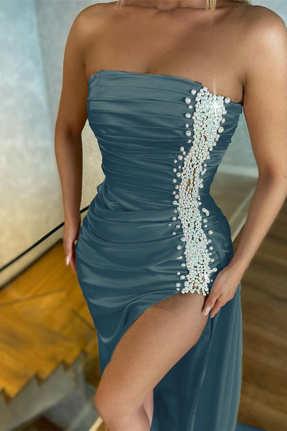 Light Pink Strapless Mermaid Long Prom Dress with Split