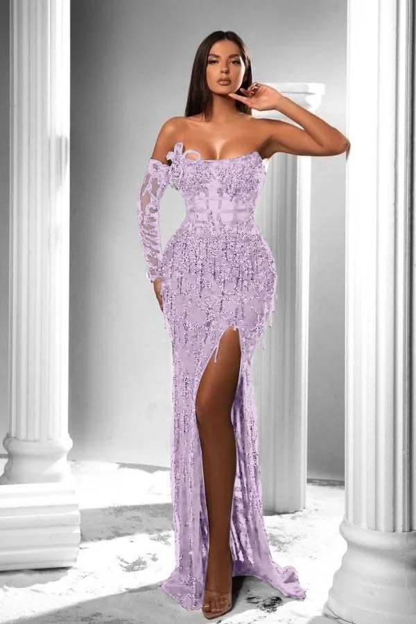 Strapless Long Sleeve Long Prom Dress with Split and Appliques