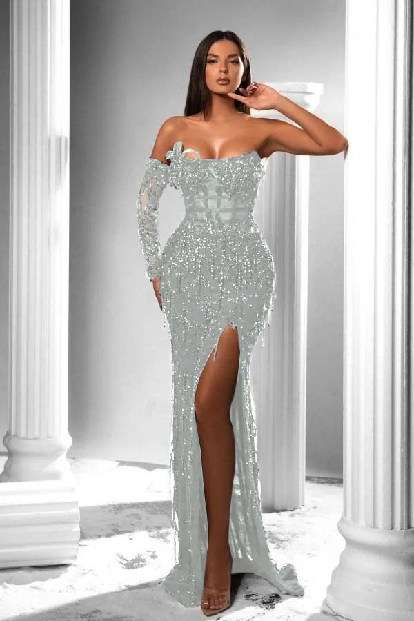 Strapless Long Sleeve Long Prom Dress with Split and Appliques