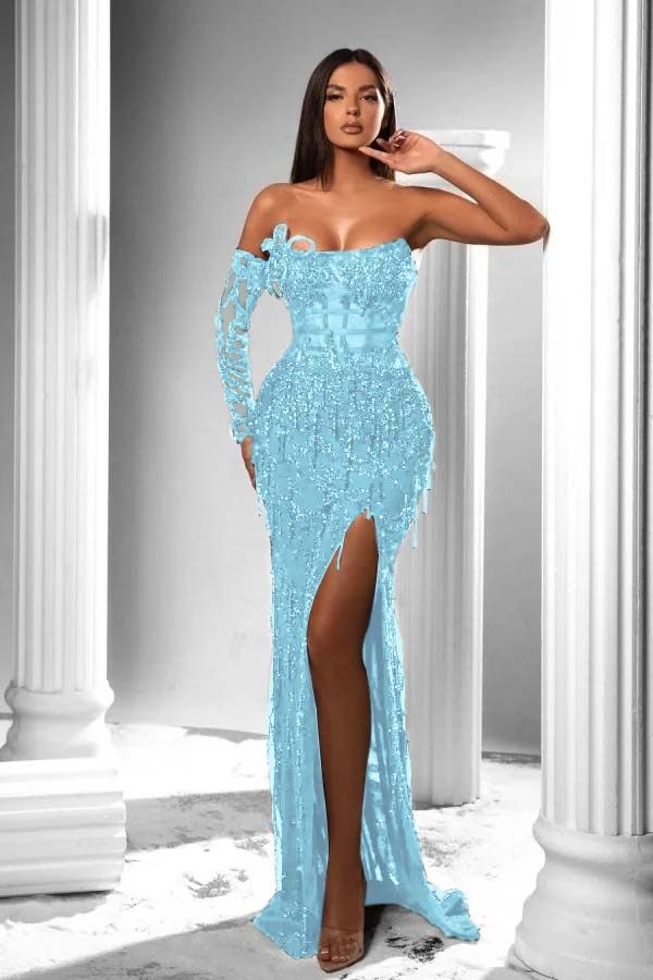 Strapless Long Sleeve Long Prom Dress with Split and Appliques