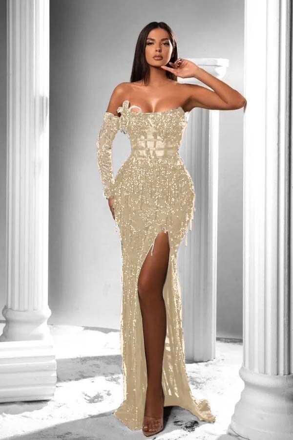 Strapless Long Sleeve Long Prom Dress with Split and Appliques