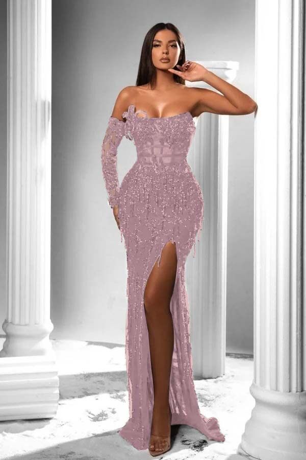 Strapless Long Sleeve Long Prom Dress with Split and Appliques
