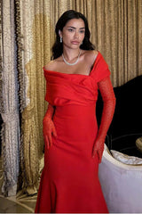 Off the Shoulder Strapless Mermaid Long Pleated Prom Dress with Gloves